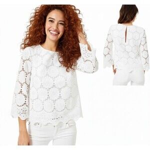 Lilly Pulitzer Mariella Top Size S White Eyelet Lace Long Bell Sleeve Boho